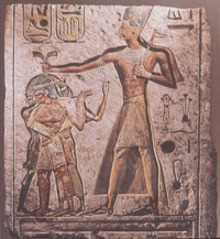 Ramessu II Holding Nubian, Libyan and Syrian Prisoners. Note the Nubian on the far left, who seems to bear little resemblance to the pharoah